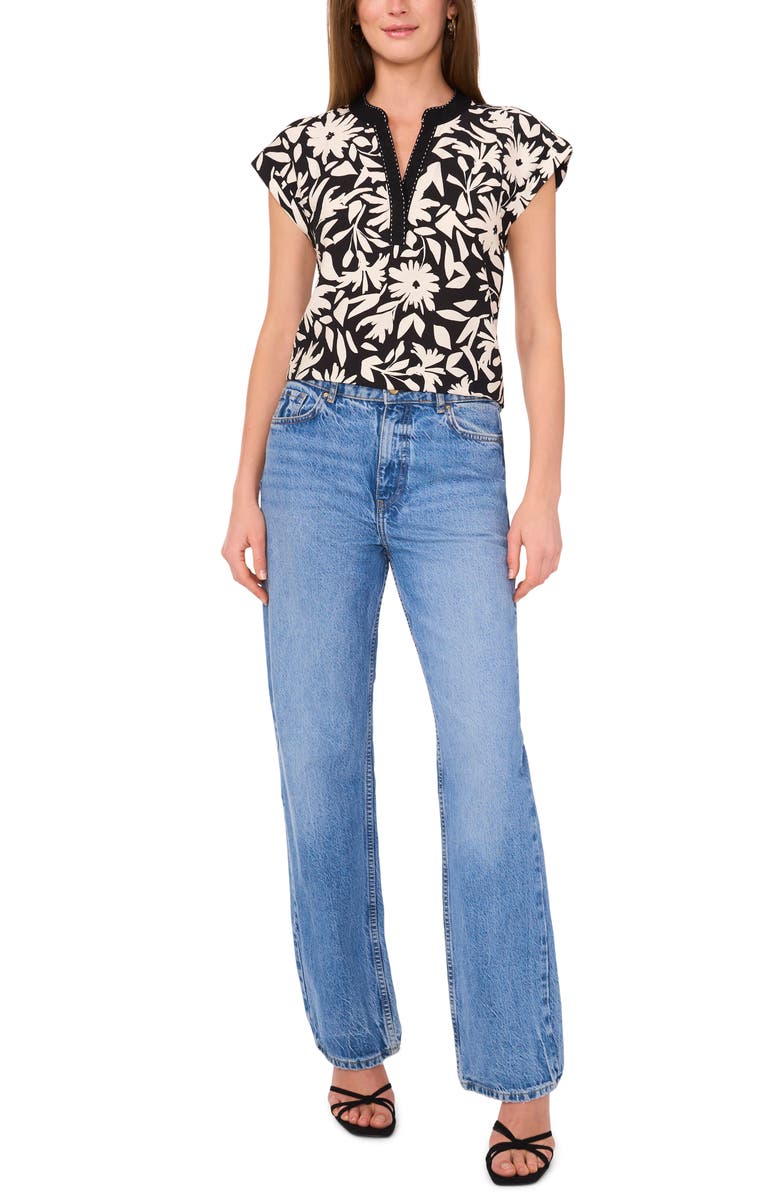 Vince Camuto Floral Print V-Neck Top, Alternate, color, Rich Black