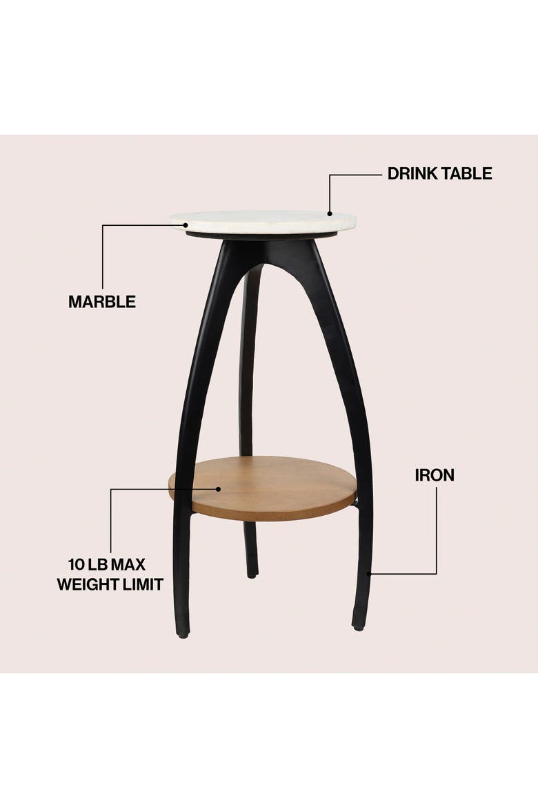 Ollie Modern 2-Tier Round Drink Table, Faux Marble Top, Wood Shelf Metal Arch Legs, Accent End Table, Alternate, color, Black/Natural/White