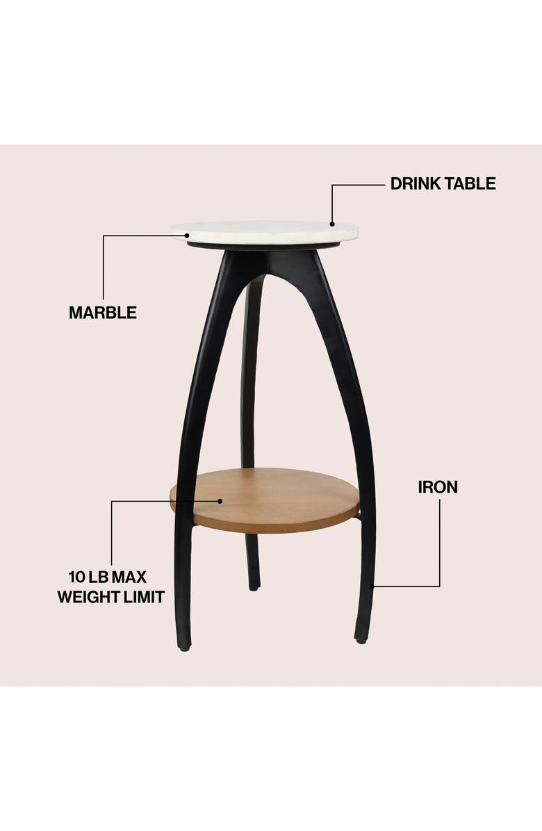 JONATHAN Y Ollie 24.5" Designer Farmhouse Metal Tripod Drink Table and Decorative End Table with White Marble Round Top and Wood Undershelf, Alternate, color, Black/Natural/White