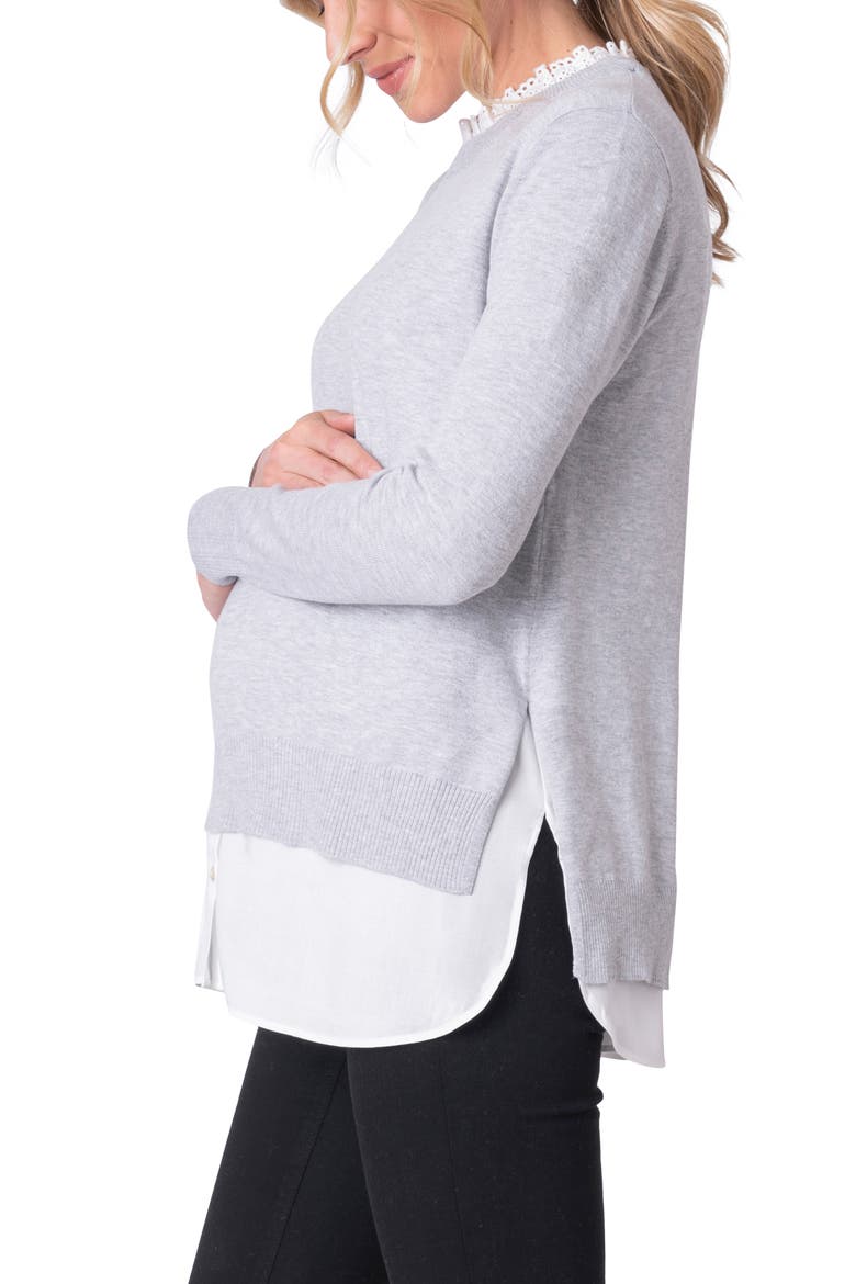 Layered Lace Trim Maternity/Nursing Sweater, Alternate, color, DARK GREY