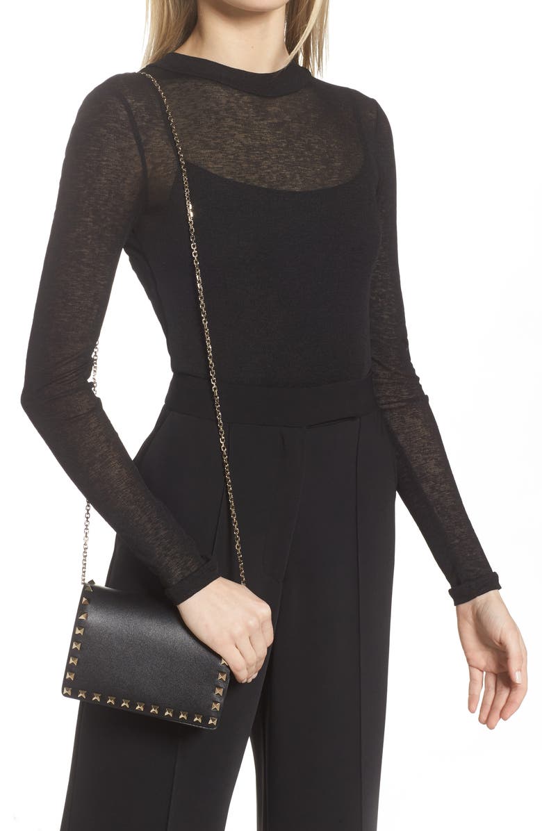 Valentino Garavani Rockstud Leather Wallet on a Chain, Alternate, color, 