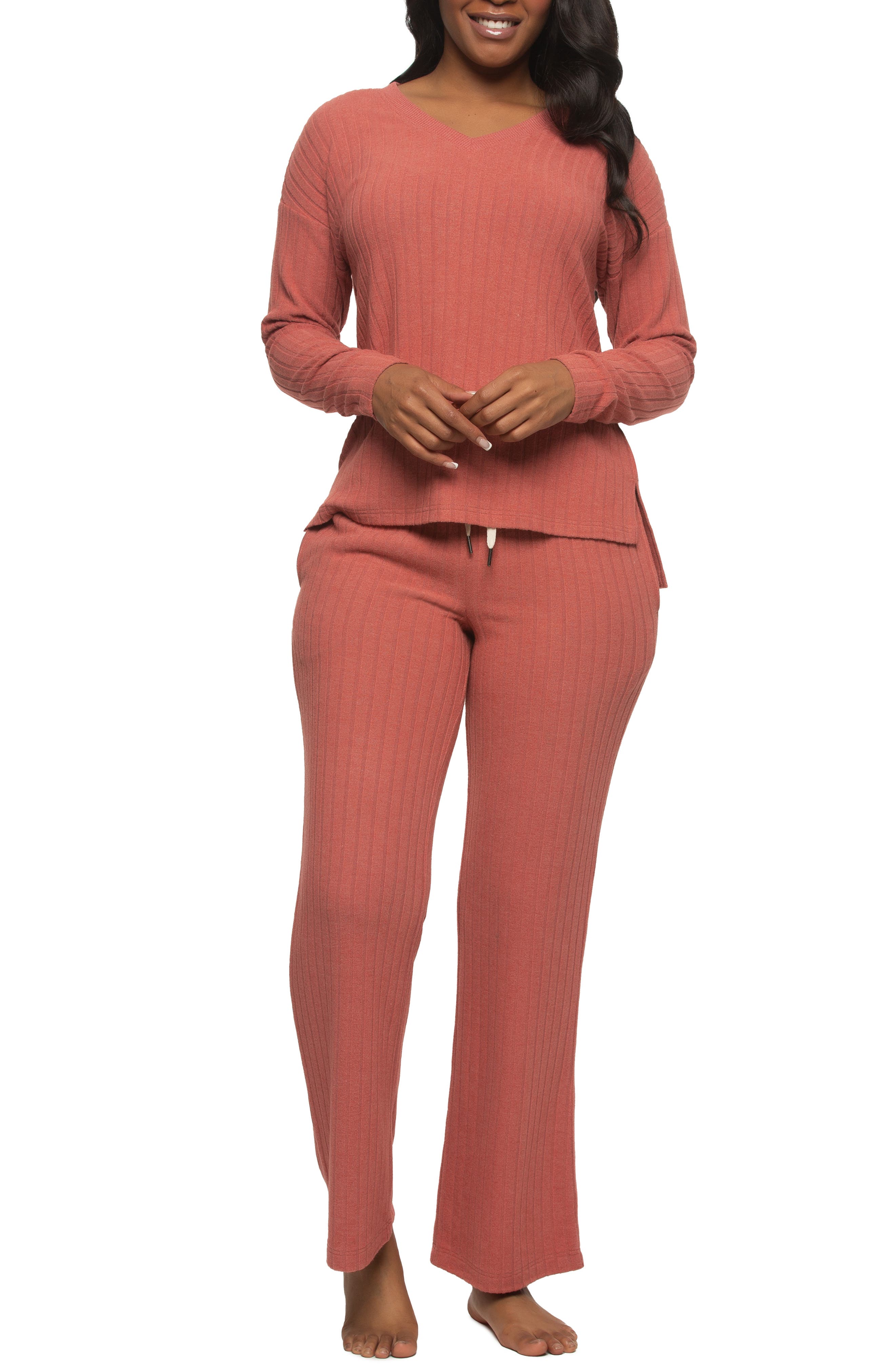 Felina Serena Long Sleeve Rib Knit Pajamas in Marsala 