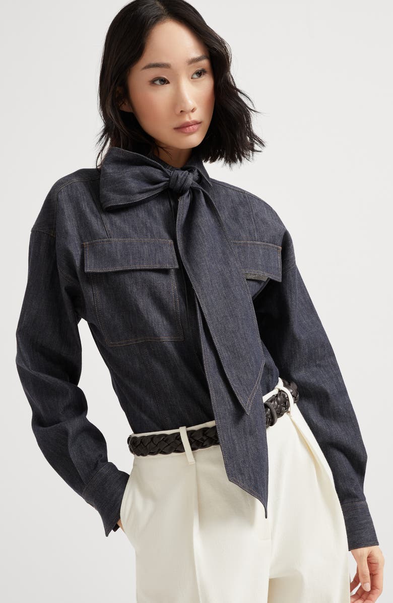 Brunello Cucinelli Pussybow shirt with monili, Alternate, color, Dark Denim