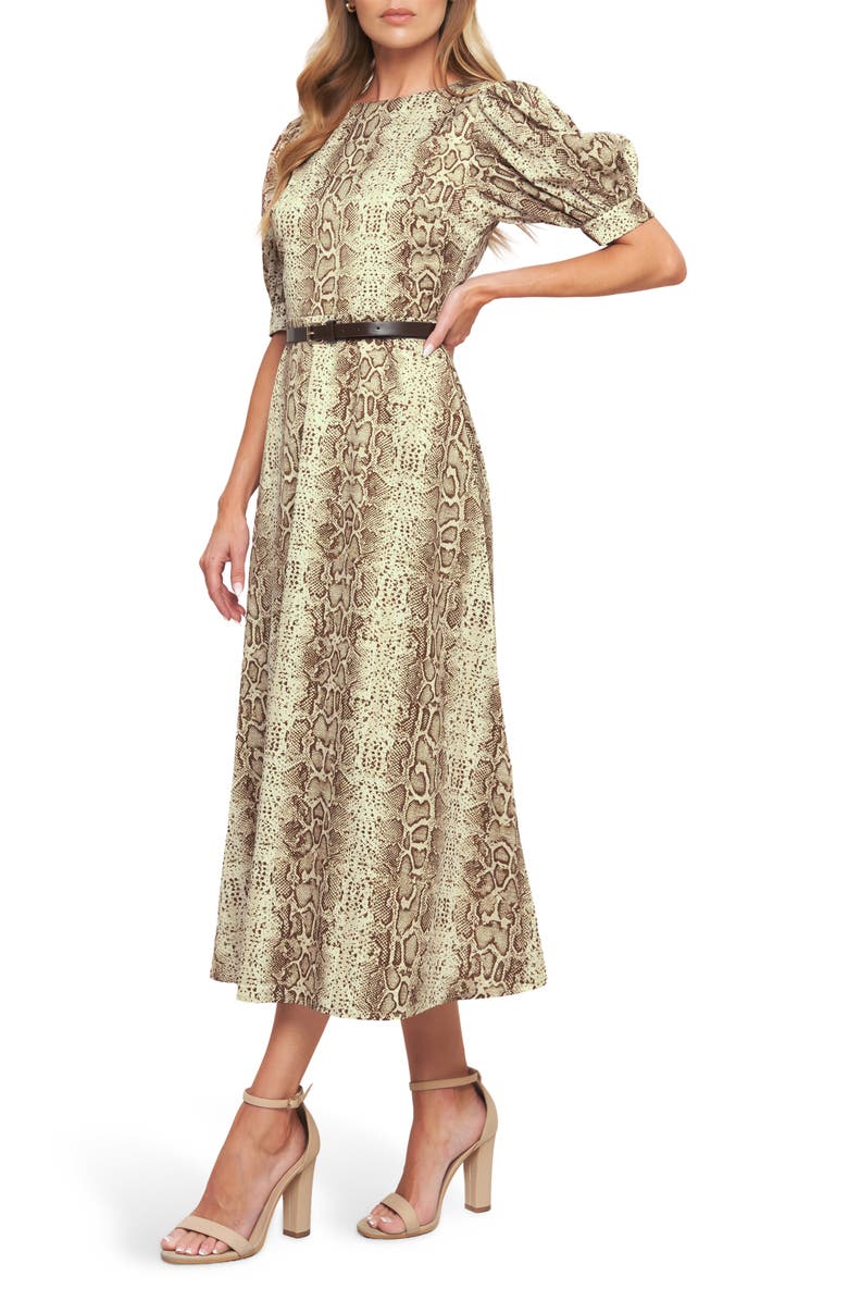 FLYING TOMATO Animal Print Puff Sleeve Midi Dress, Alternate, color, Taupe Brown
