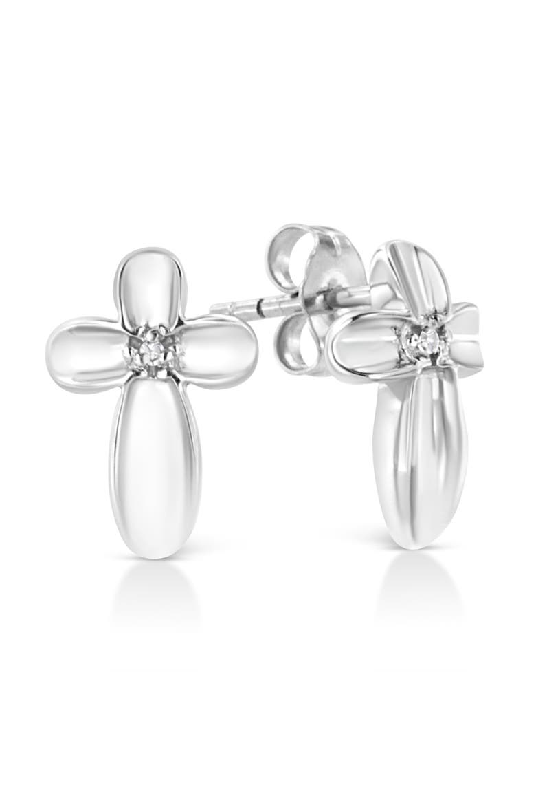 Silver Prong Diamond Accent Floral Cross Stud Earring, Alternate, color, White