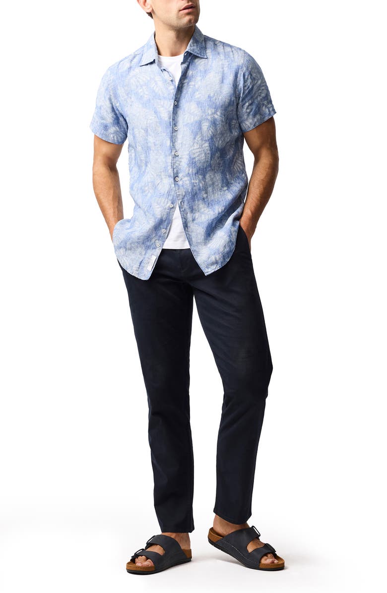 Rodd & Gunn Savill Bay Frond Print Short Sleeve Linen Button-Up Shirt, Alternate, color, Chambray