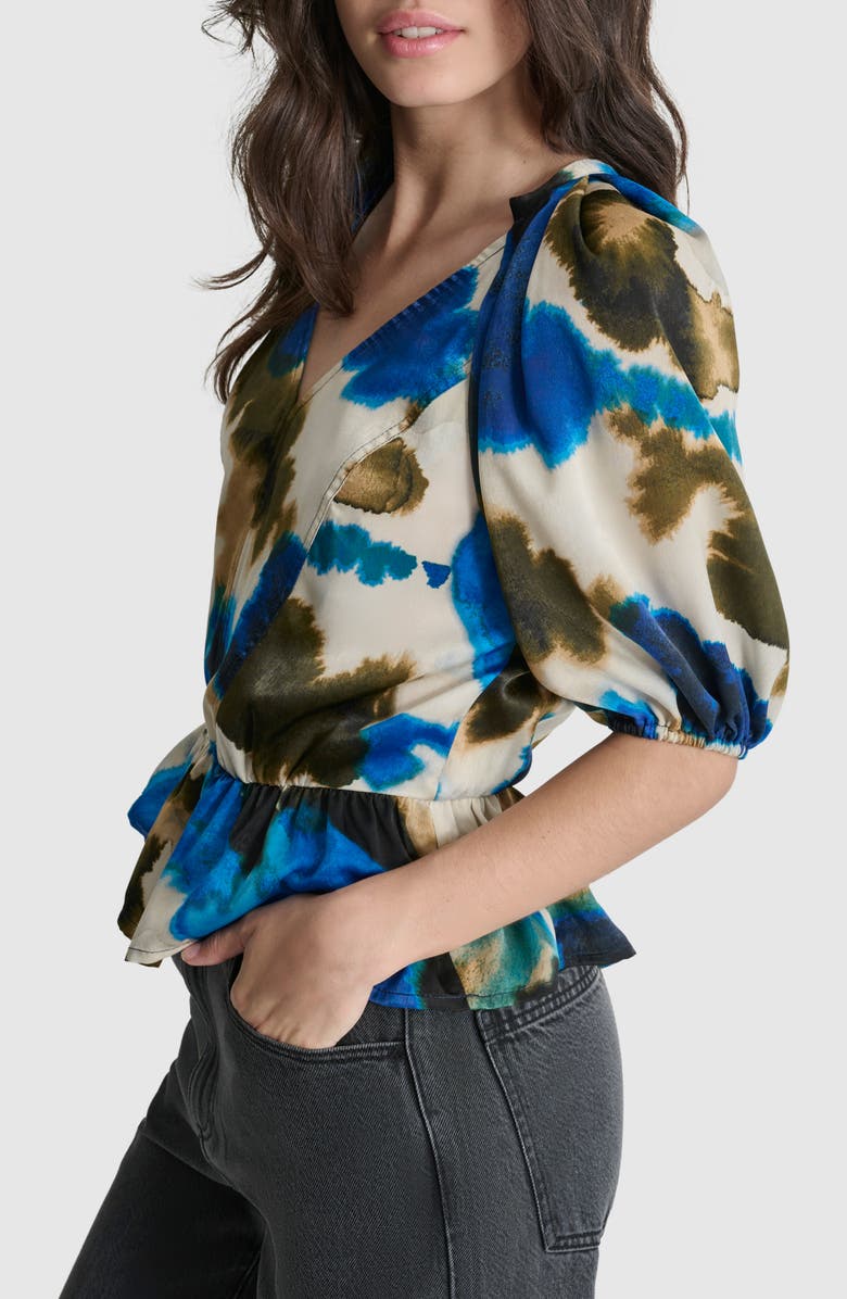 DKNY Abstract Print Peplum Top, Alternate, color, Ink Swirl
