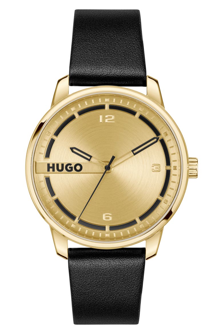 Stamp Leather Strap Watch, 42mm, Main, color, GOLD