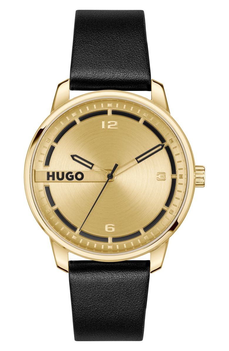 BOSS Stamp Leather Strap Watch, 42mm, Main, color, Gold