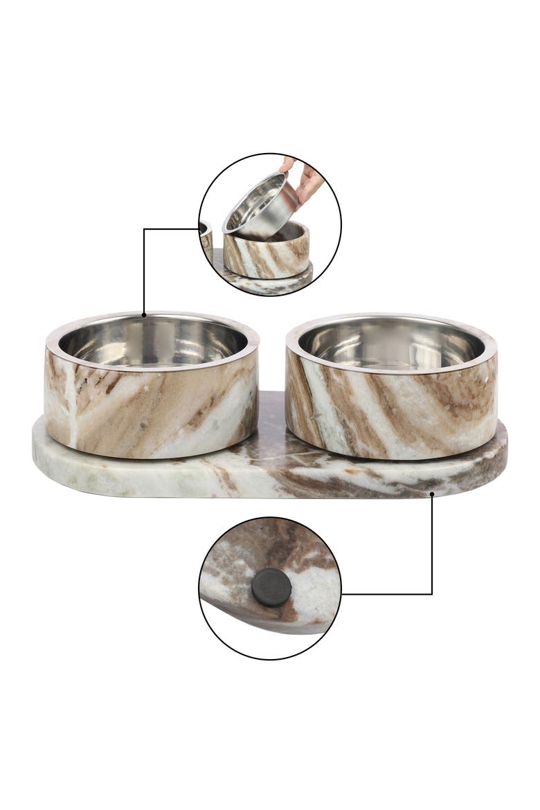 Marbre Modern Weighted Double Marble and Stainless Steel Bowl Feeder with Non-Slip Marble Tray Set, Alternate, color, Beige/Gray