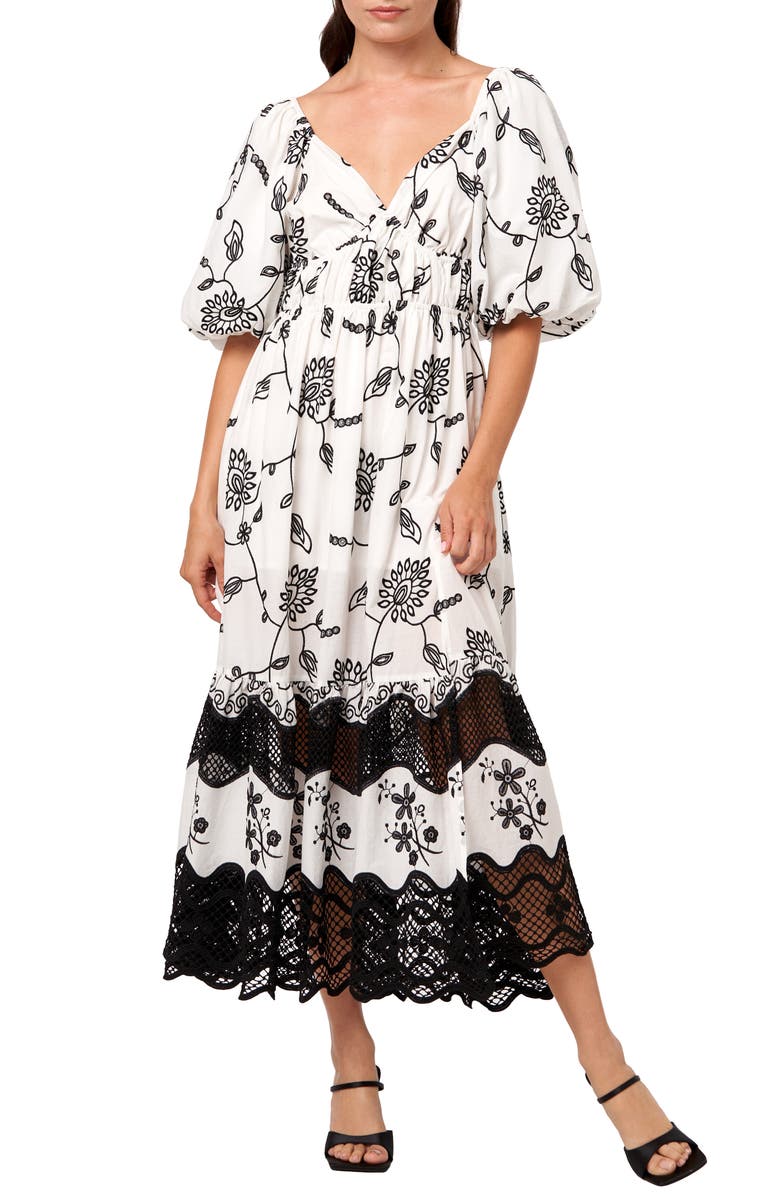 CIEBON Serbita Embroidered Floral Puff Sleeve Cotton Dress, Main, color, White/Black