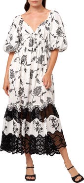 CIEBON Serbita Embroidered Floral Puff Sleeve Cotton Dress