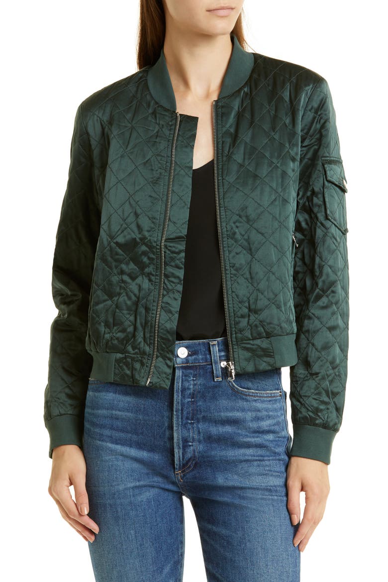 The Dierdre Quilted Silk Bomber Jacket, Main, color, HUNTER