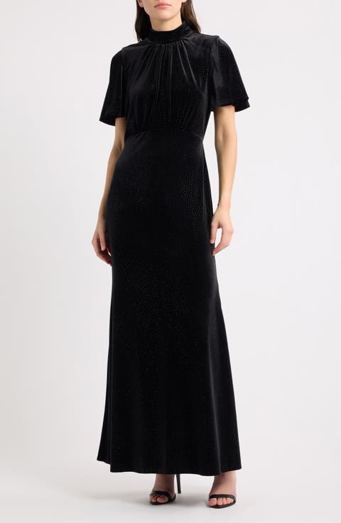 Tie Neck Flutter Sleeve Glitter Velvet Gown