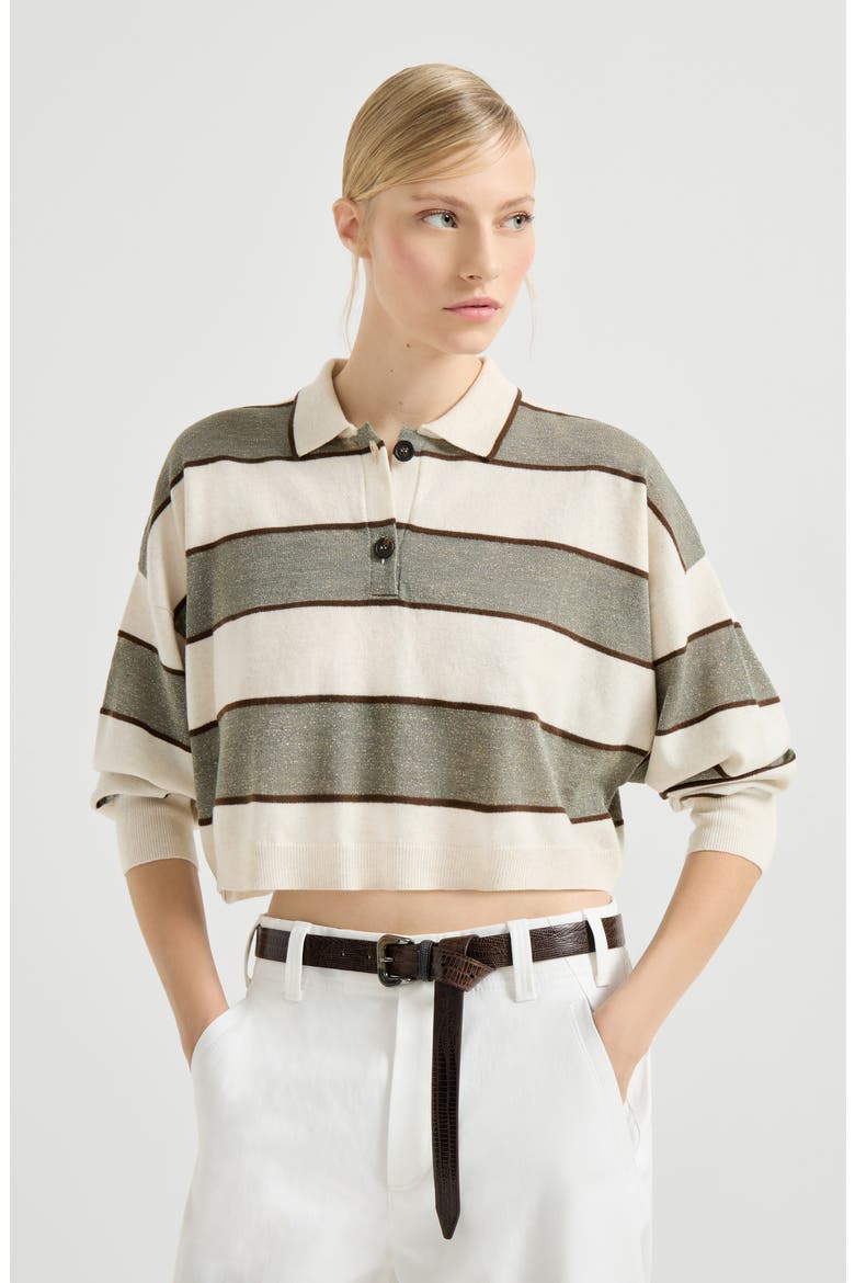 Cropped knit polo with sparkling stripes, Alternate, color, Sage