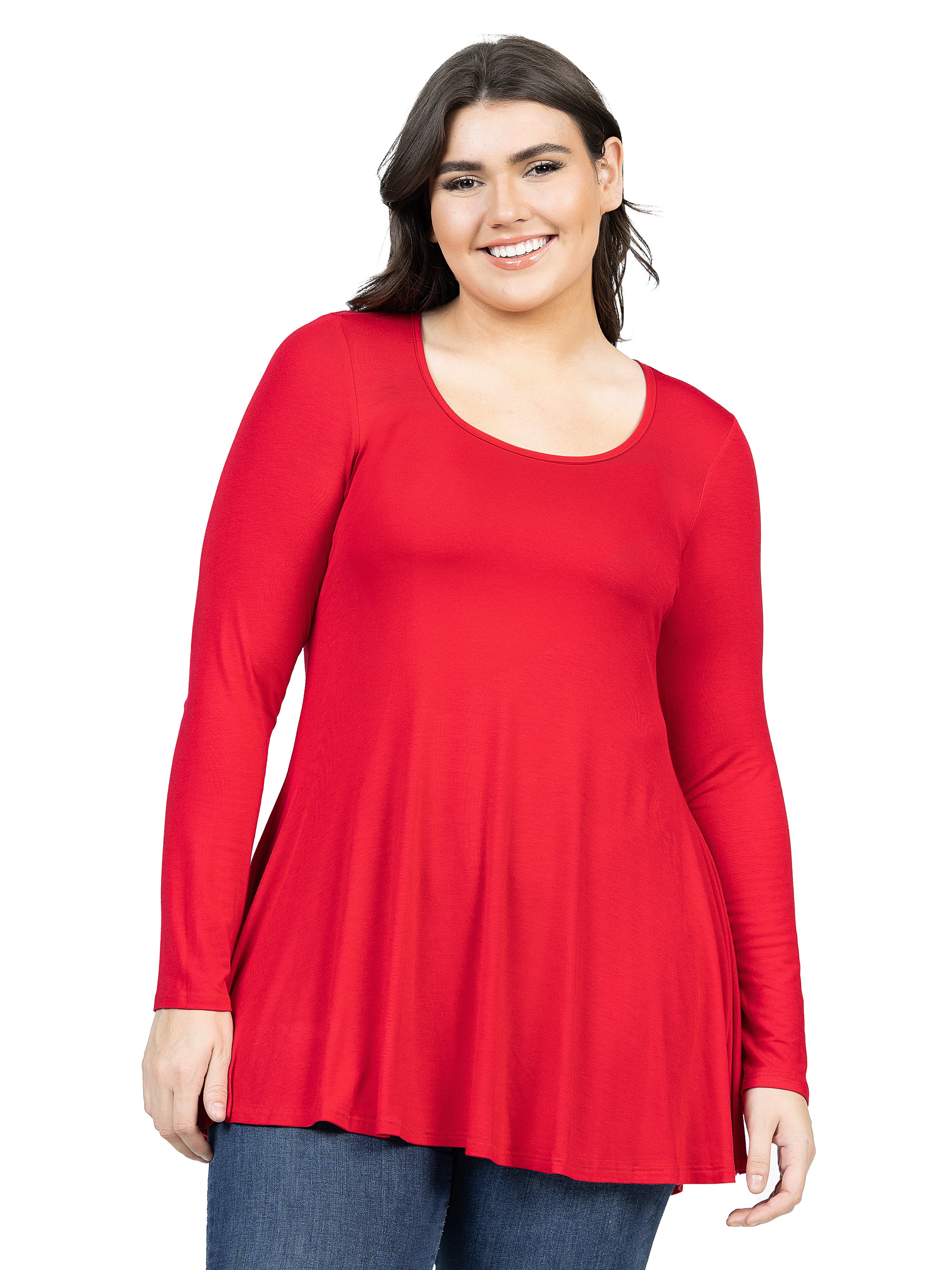 24seven Comfort Apparel Poised Long Sleeve Swing Tunic Top In Red