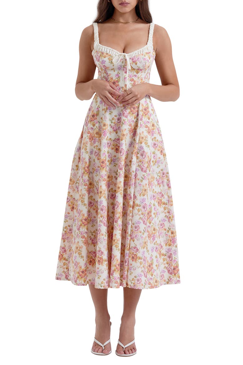 Sabrina Corset Fit & Flare Dress, Main, color, IVORY/ PINK FLORAL