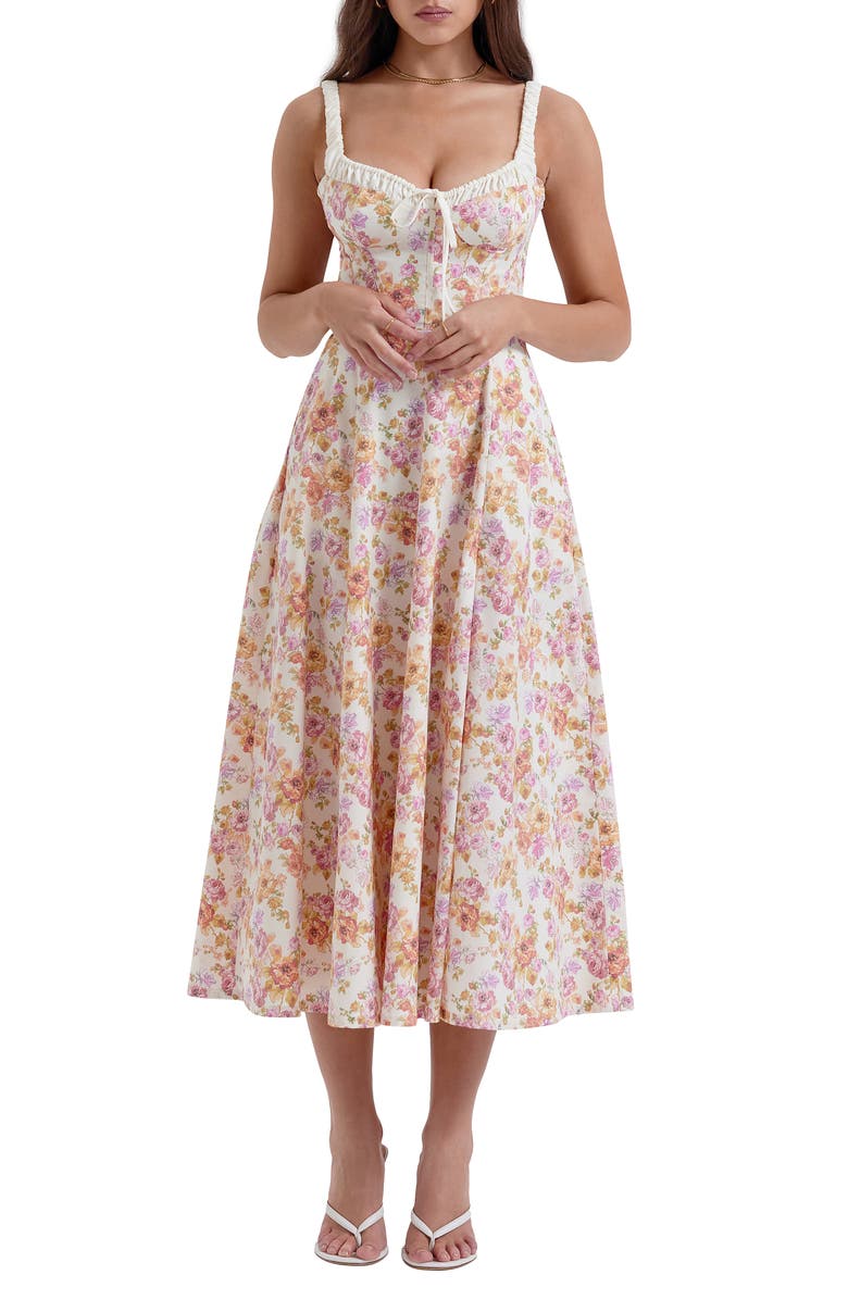 HOUSE OF CB Sabrina Corset Fit & Flare Dress, Main, color, Ivory/ Pink Floral
