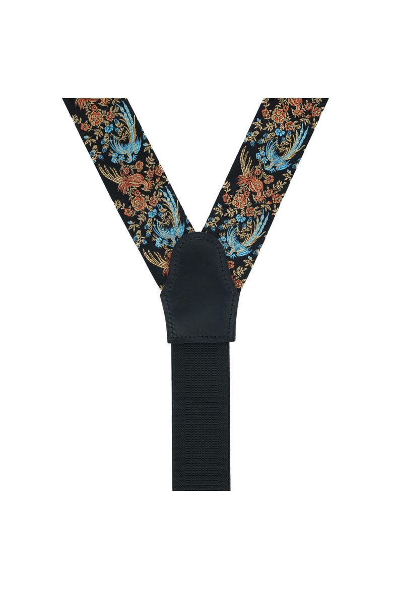 Birds of Prosperity Silk Button End Suspenders (Braces) and Necktie Set, Alternate, color, Black