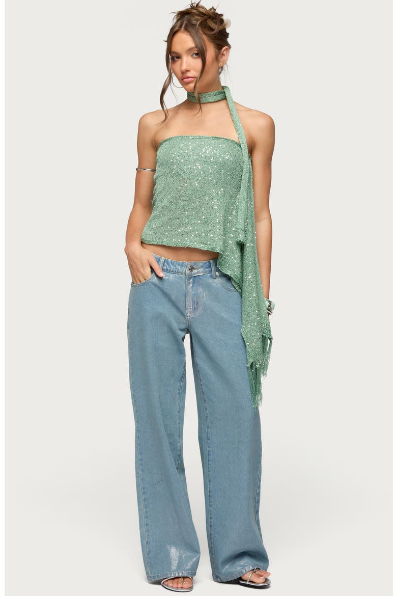 Two-Piece Sequin Scarf Top, Alternate, color, SAGE