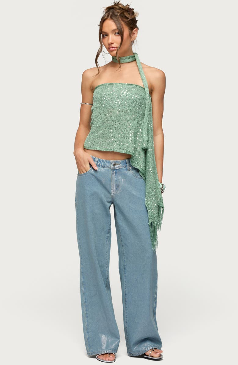 EDIKTED Two-Piece Sequin Scarf Top, Alternate, color,
