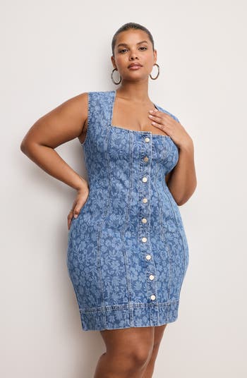 Button-Up Floral Power Stretch Denim Minidress