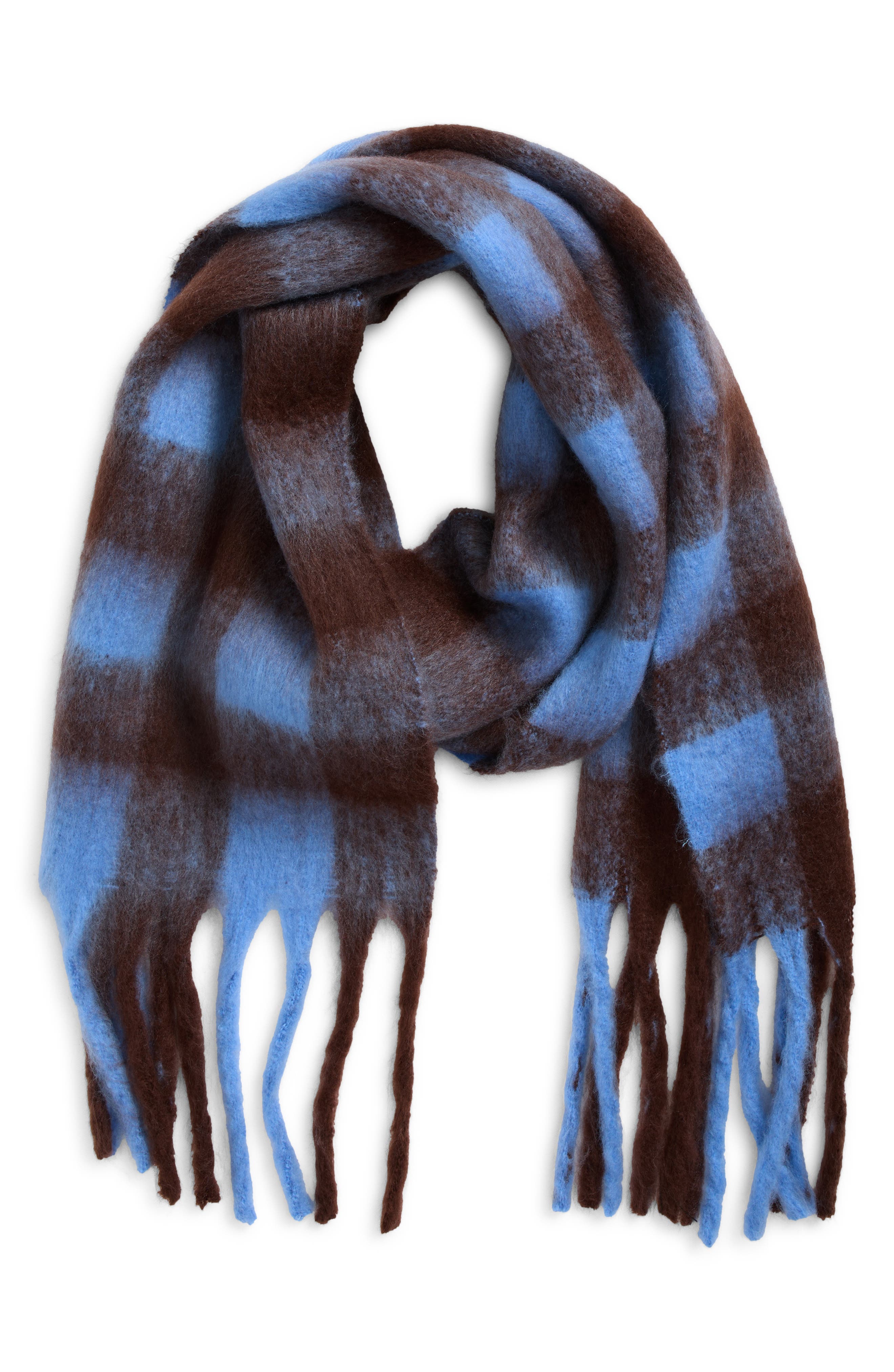 BP. Fringe Blanket Scarf in Blue- Brown Plaid 