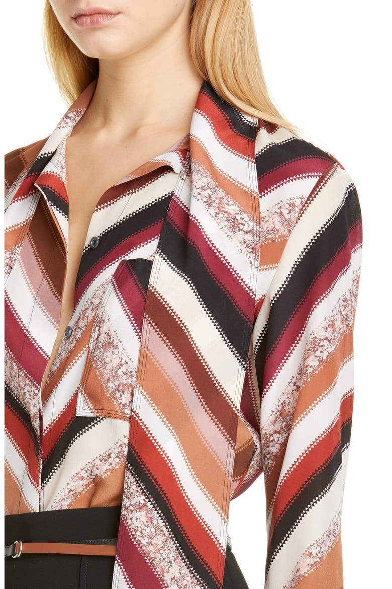 Tie Neck Chevron Print Silk Blouse, Alternate, color, AUBURN MULTI