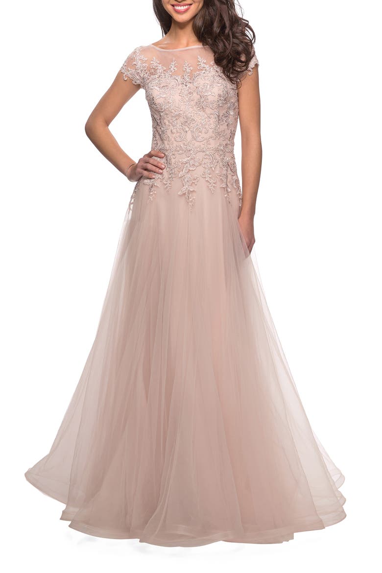 Long Tulle Gown with Lace Bodice and Pockets, Main, color, Light Blush