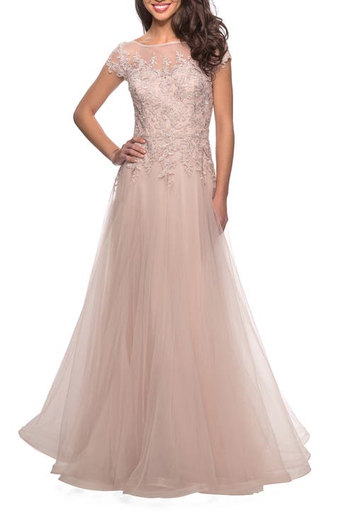 Long Tulle Gown with Lace Bodice and Pockets