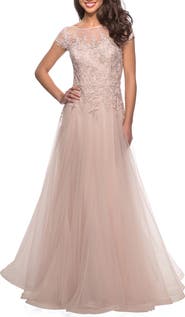 La Femme Long Tulle Gown with Lace Bodice and Pockets
