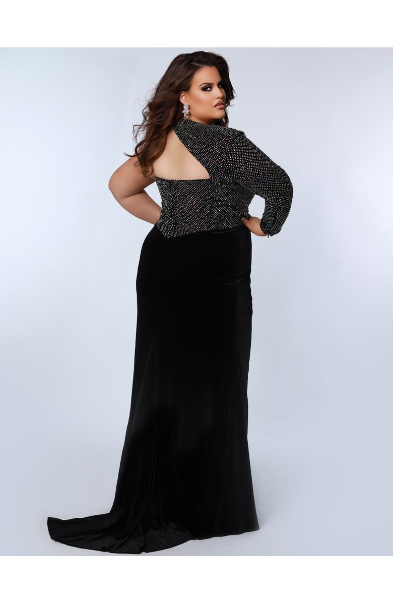 Johnathan Kayne for Sydney's Closet One Shoulder Long Sleeve Plus Size Evening Gown, Alternate, color, Caviar