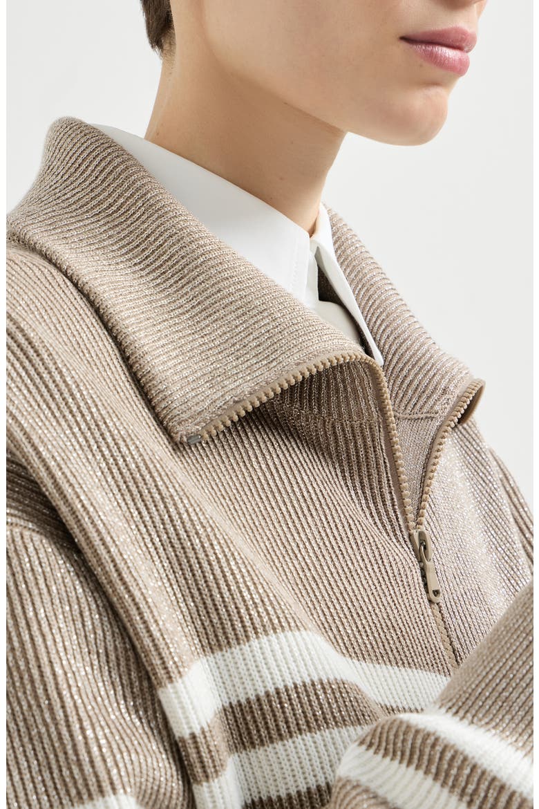 Sparkling cotton striped English rib cardigan with zipper and monili, Alternate, color, Beige