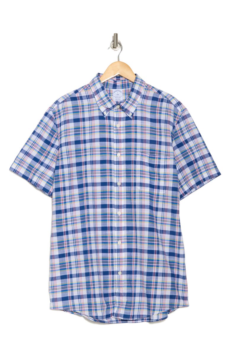 Brooks Brothers Madras Short Sleeve Sport Fit Button-Down Shirt, Alternate, color, White/ Navy