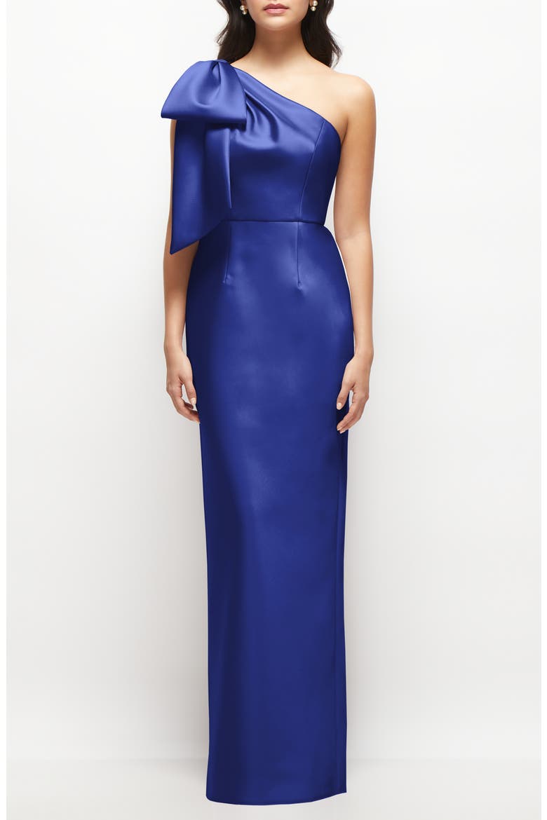 Bow Detail One-Shoulder Satin Twill Column Gown, Main, color, COBALT BLUE