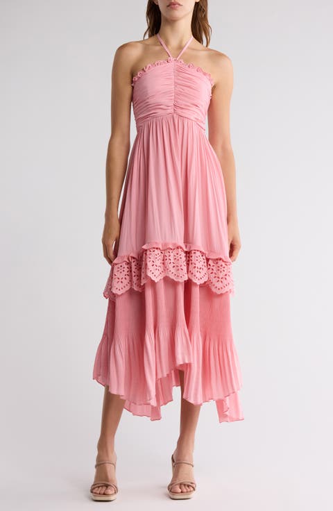 Dulce Eyelet Ruffle Plissé Halter Maxi Dress