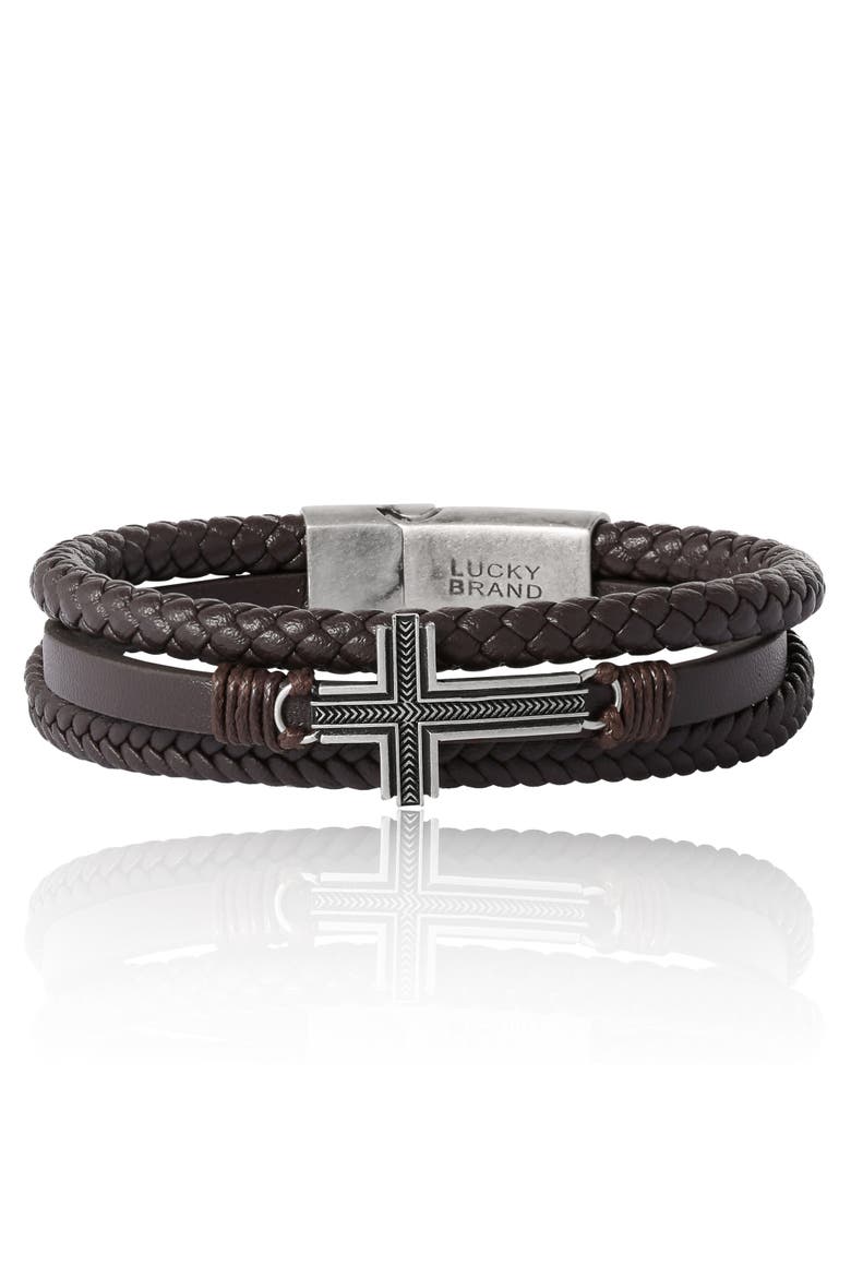 Braided Bracelet with Cross, Main, color, brown, silver