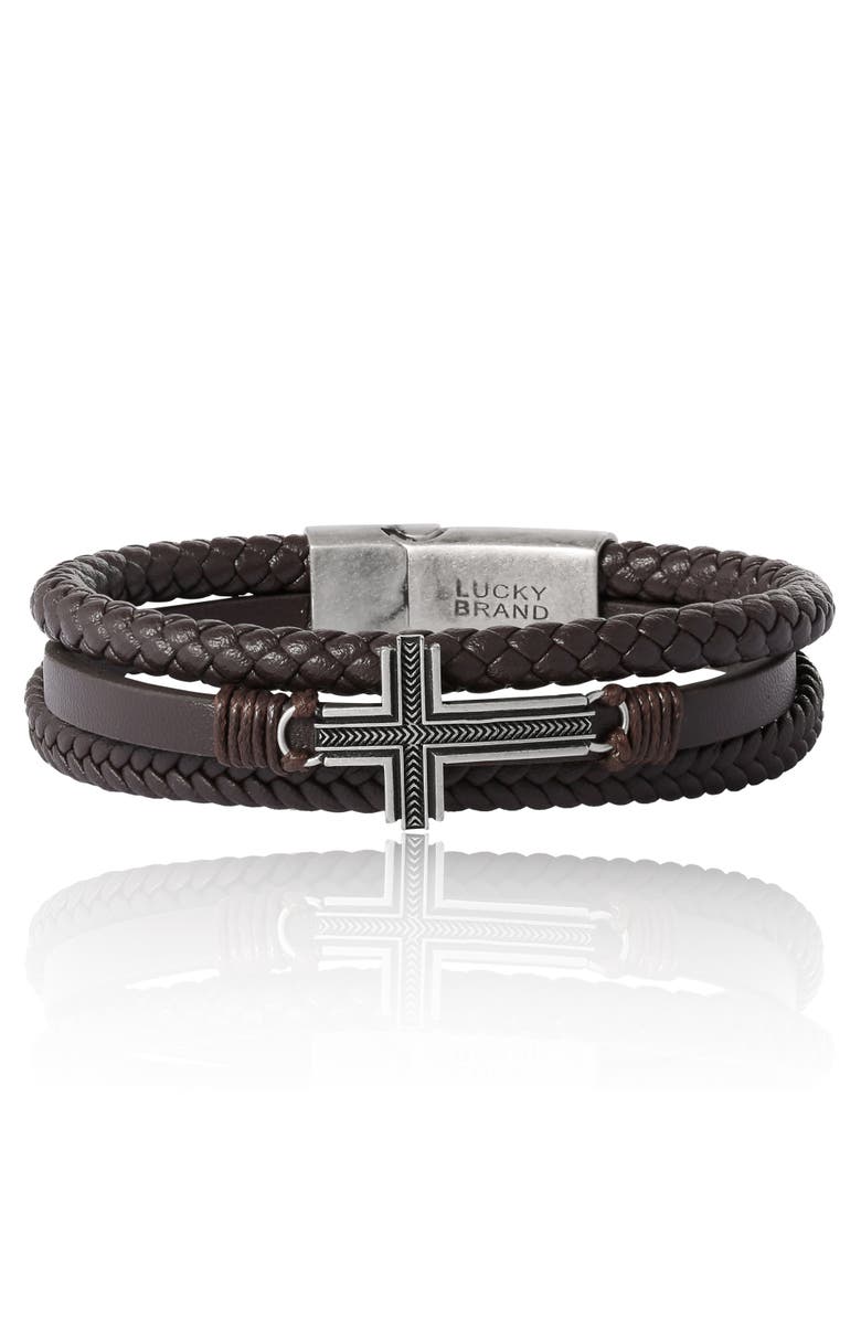 Lucky Brand Braided Leather Bracelet with Cross, Main, color, Brown, Silver