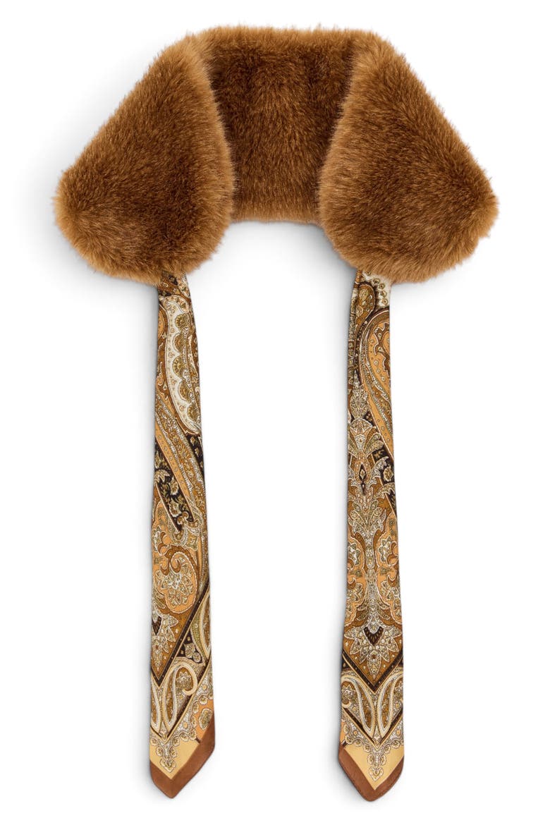 Paisley Faux Fur Trim Scarf, Alternate, color, LIGHT BROWN