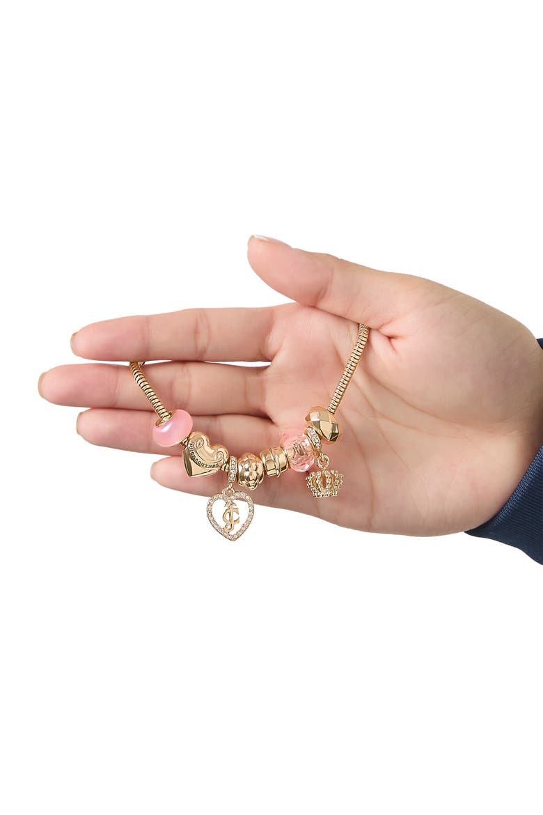 Multi-Charm Beaded Chain Bracelet, Gold-Tone with Pink Accents, Alternate, color, Gold Tone