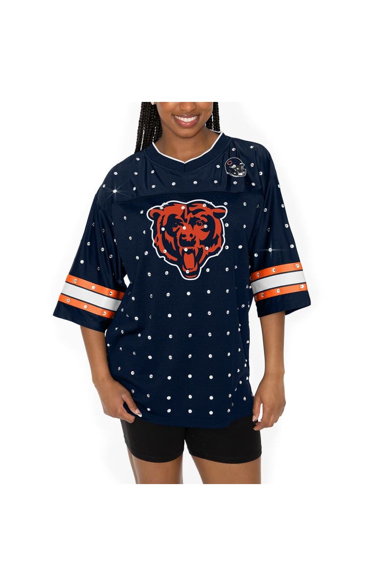 GAMEDAY COUTURE Women's Gameday Couture Navy Chicago Bears Kickoff Time Allover Rhinestone Sports Stripe Jersey V-Neck T-Shirt, Main, color, 