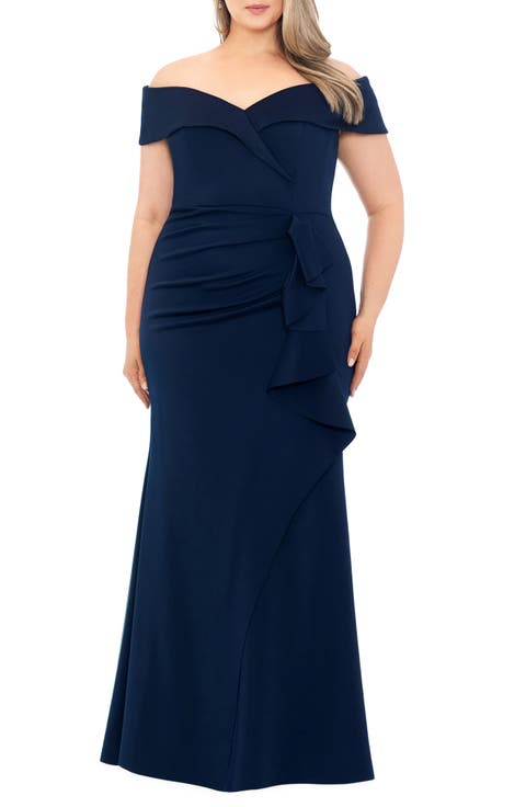 Off the Shoulder Ruffle Scuba Knit Gown (Plus Size)