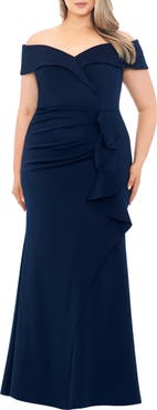Xscape Evenings Off the Shoulder Ruffle Scuba Knit Gown