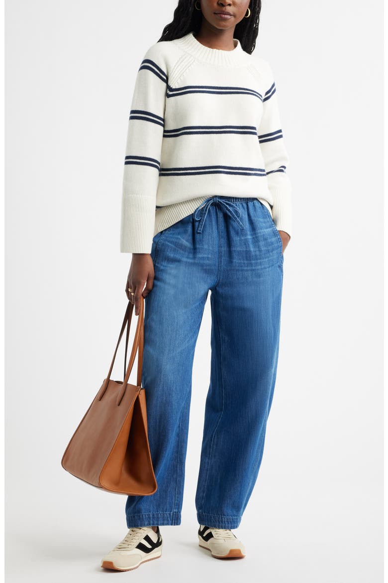Bell Sleeve Mock Neck Merino Wool & Cotton Sweater, Alternate, color, IVORY- NAVY DUO STRIPE
