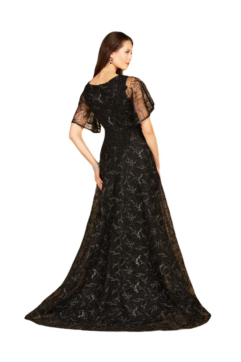 Cape Sleeve Beaded Gown in Black, Alternate, color, Black
