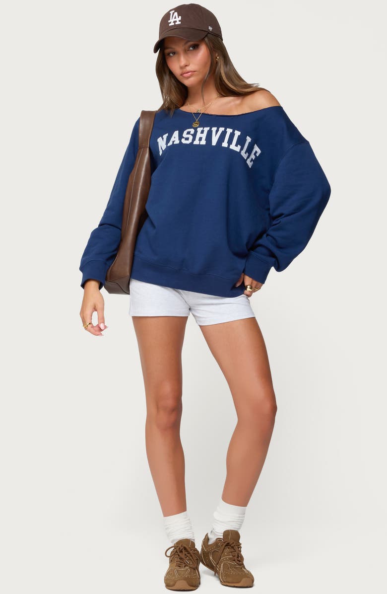 EDIKTED Nashville Oversize Off the Shoulder Sweatshirt, Alternate, color, Navy