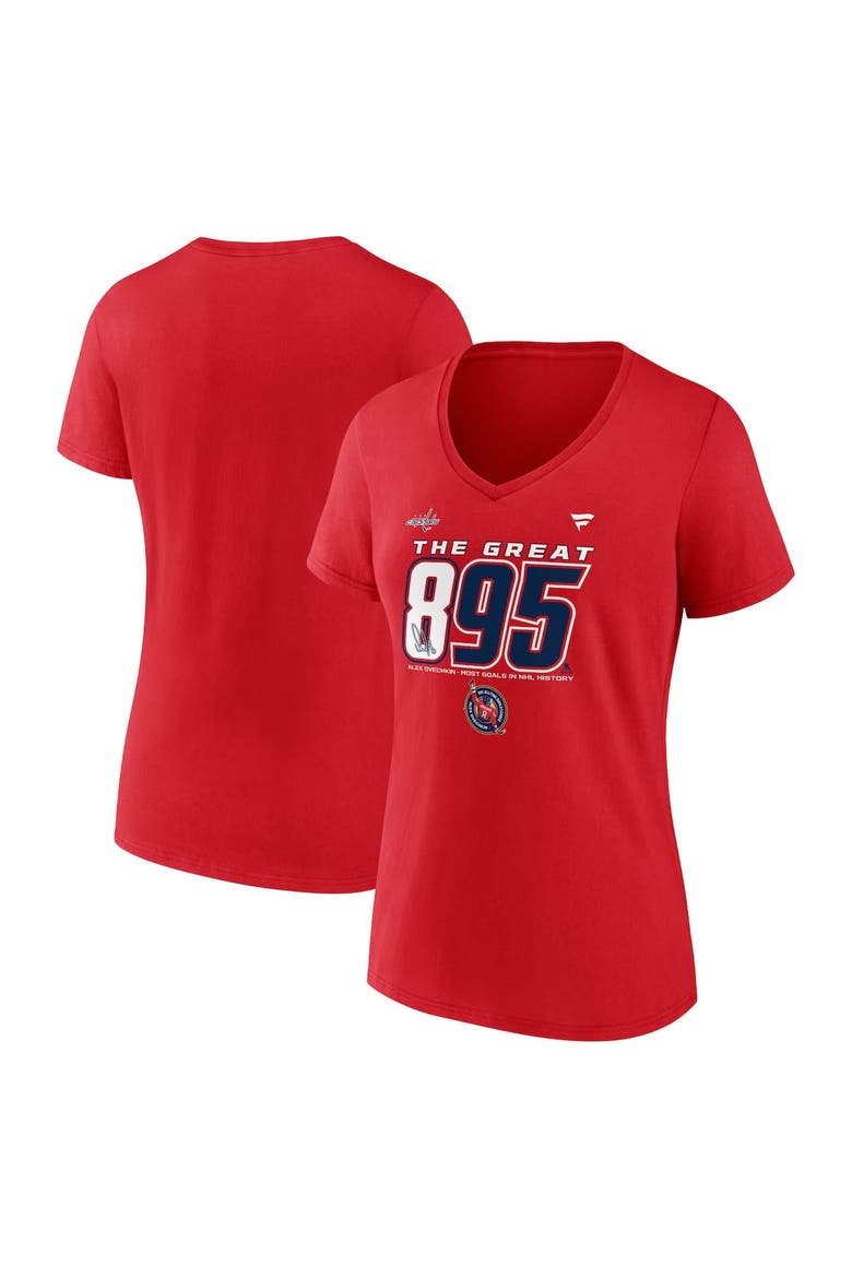 Women's Fanatics Alexander Ovechkin Athletic Red Washington Capitals NHL All-Time Leading Goal Scorer The Great 895 V-Neck T-Shirt, Main, color, Athletic Red
