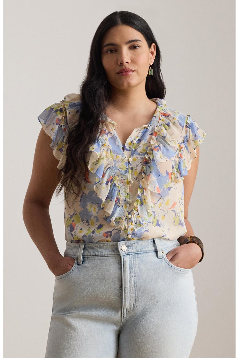 Floral Print Ruffle Trim Button-Up Top, Alternate, color, BLUE/ MULTI