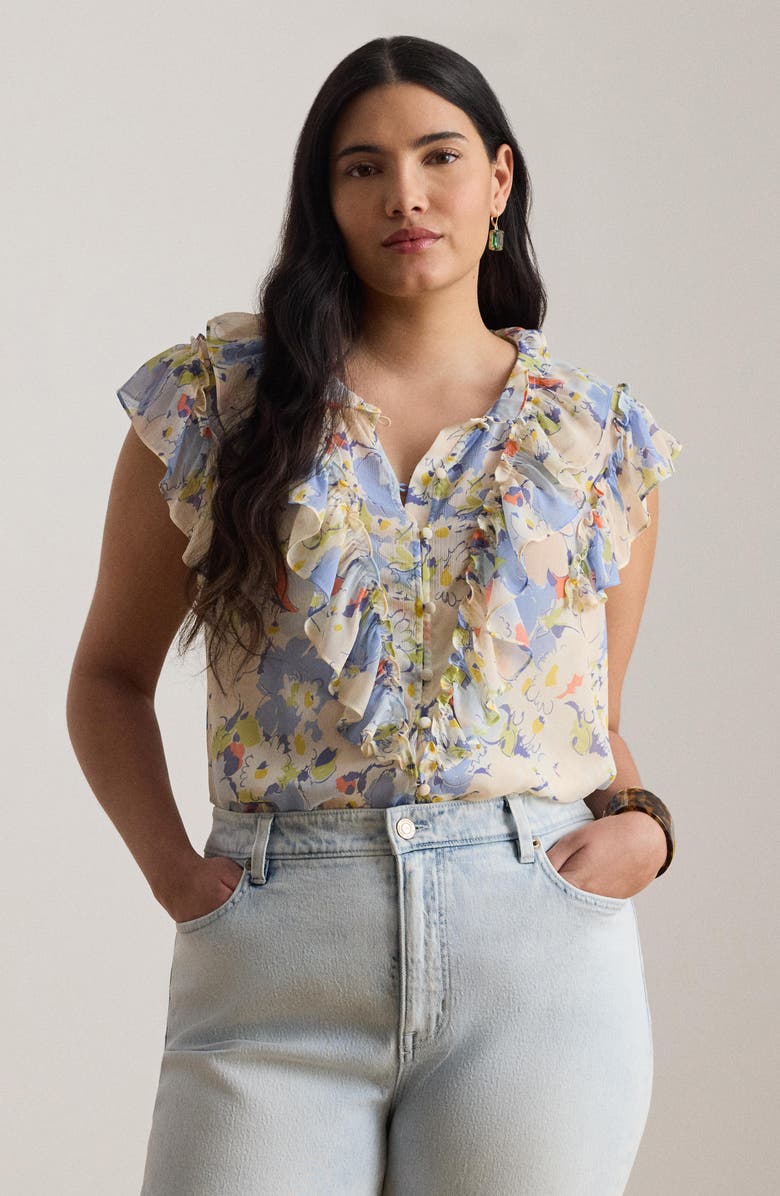 Lauren Ralph Lauren Floral Print Ruffle Trim Button-Up Top, Alternate, color, Blue/ Multi