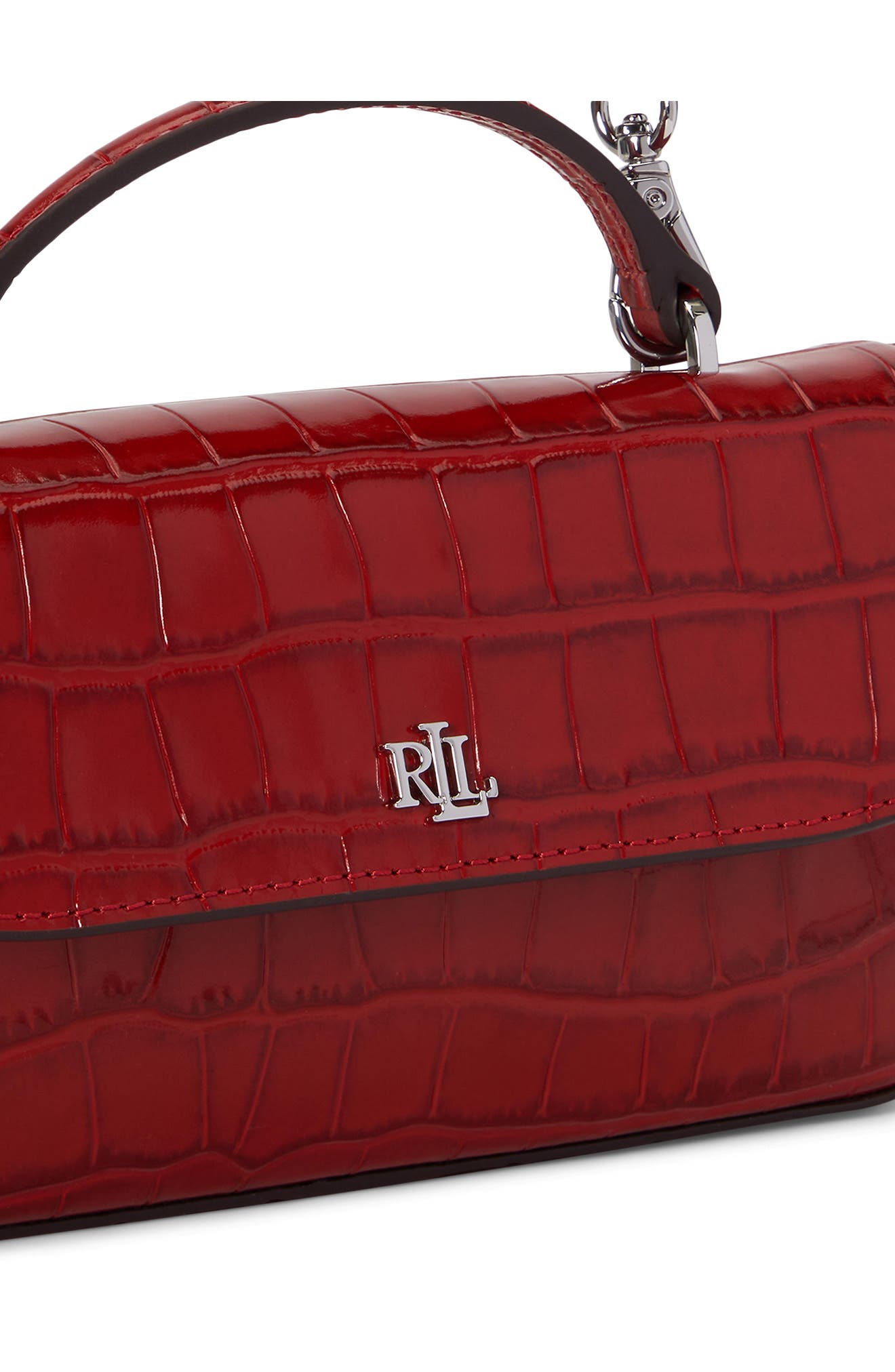 Marcy Croc Embossed Leather Top Handle Bag, Alternate, color, RED